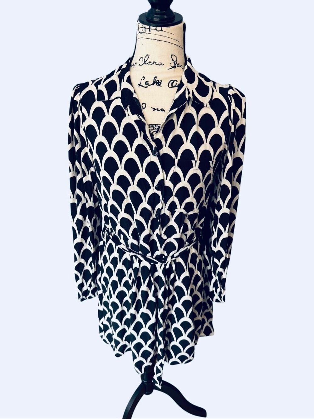 Zara Geometric Print Long Sleeve Shirt Dress Black White Belted Size XS